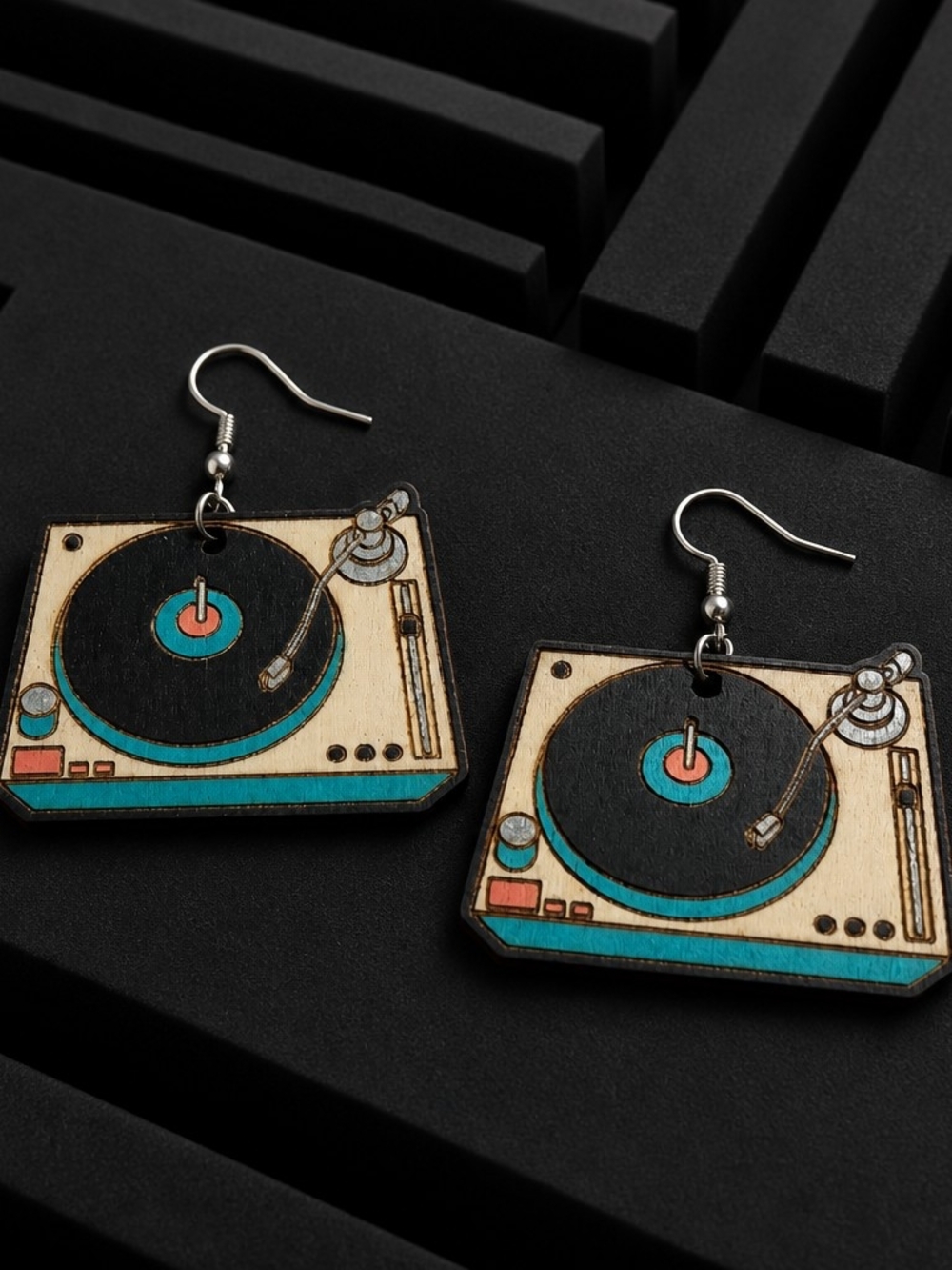 Turntable Vinyl Record Earrings - Black and Teal Wooden Design